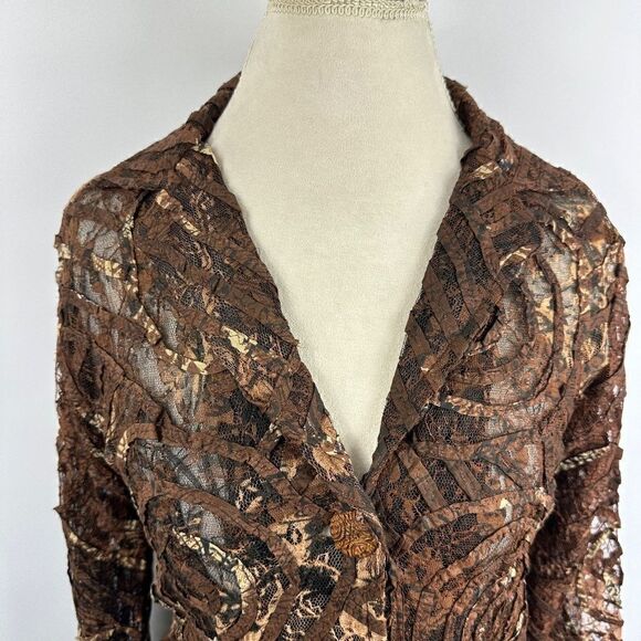 Parsley & Sage Brown Lace Jacket Artsy Swirl Burnout Art to Wear Boho Size S - Picture 2 of 11